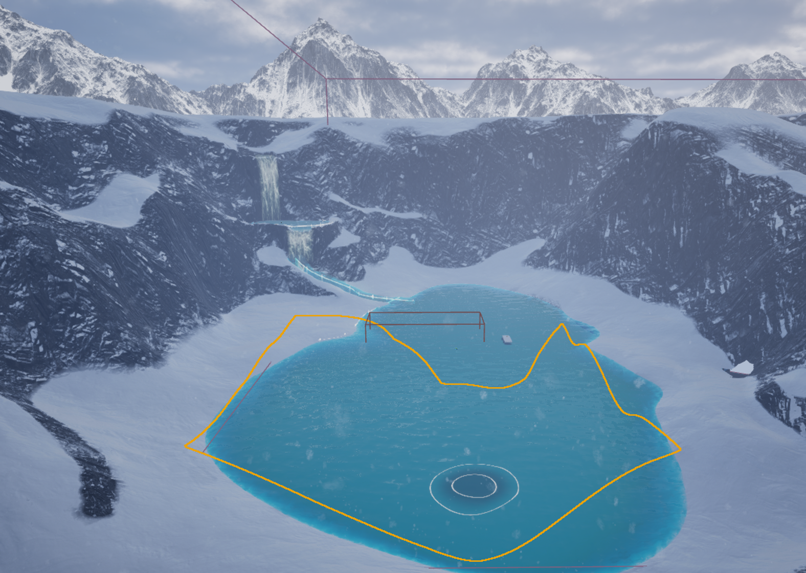 Glacial lake with turquoise waters surrounded by snow-capped mountain peaks